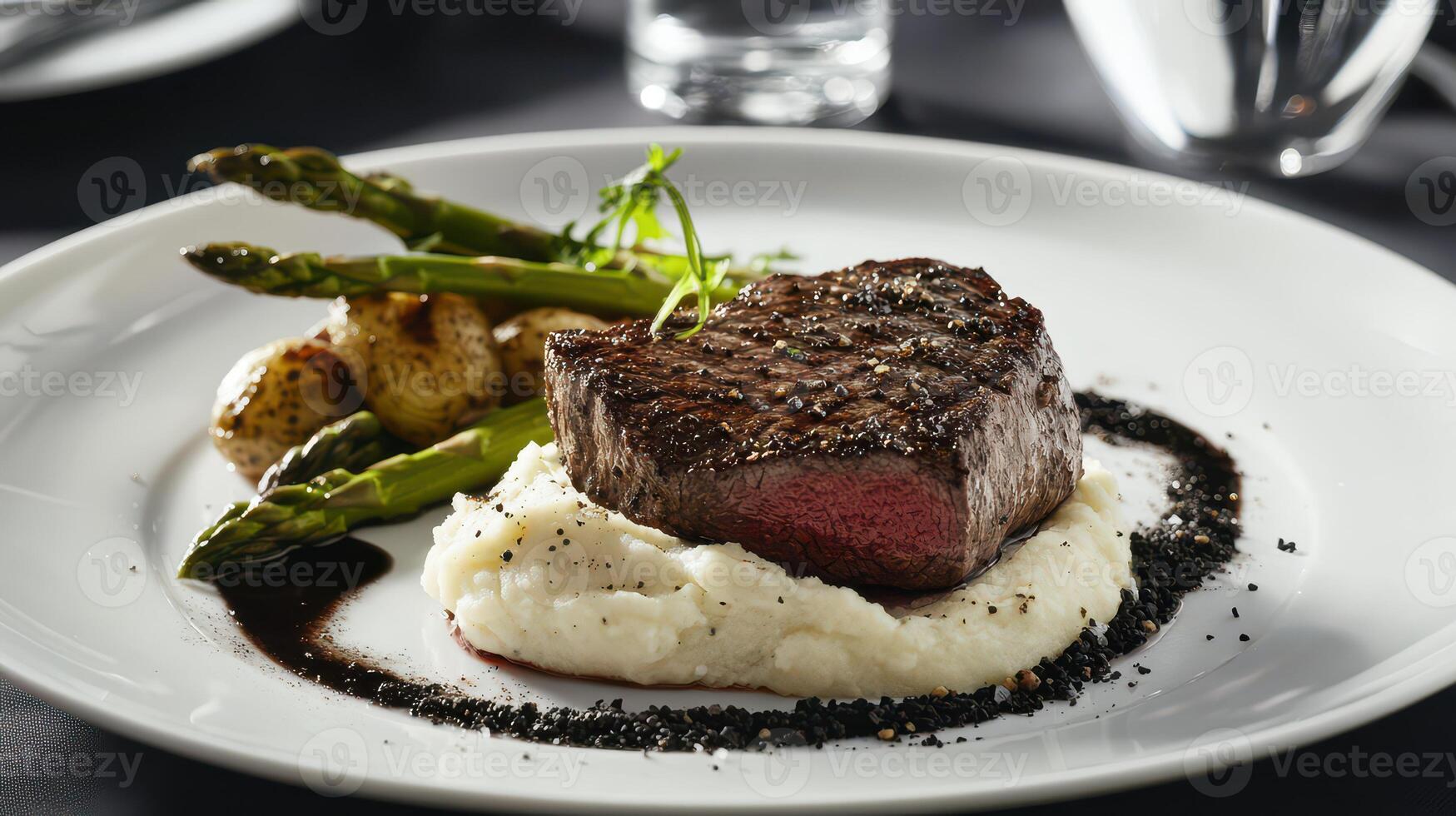 grilled beef steak with asparagus and mashed potatoes on a plate photo