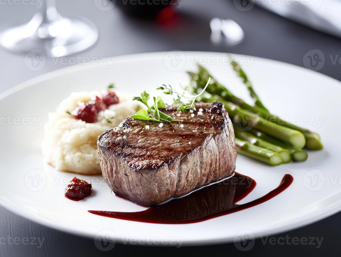 grilled beef steak with asparagus and mashed potatoes on a plate photo