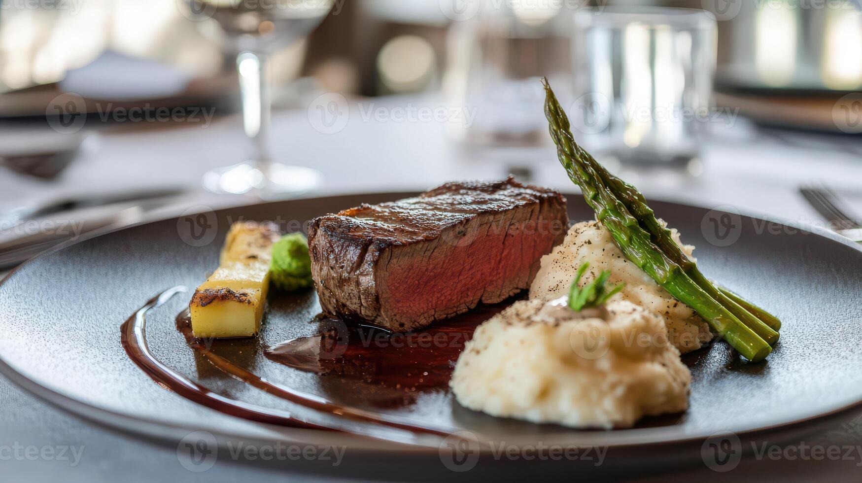 grilled beef steak with asparagus and mashed potatoes on a plate photo