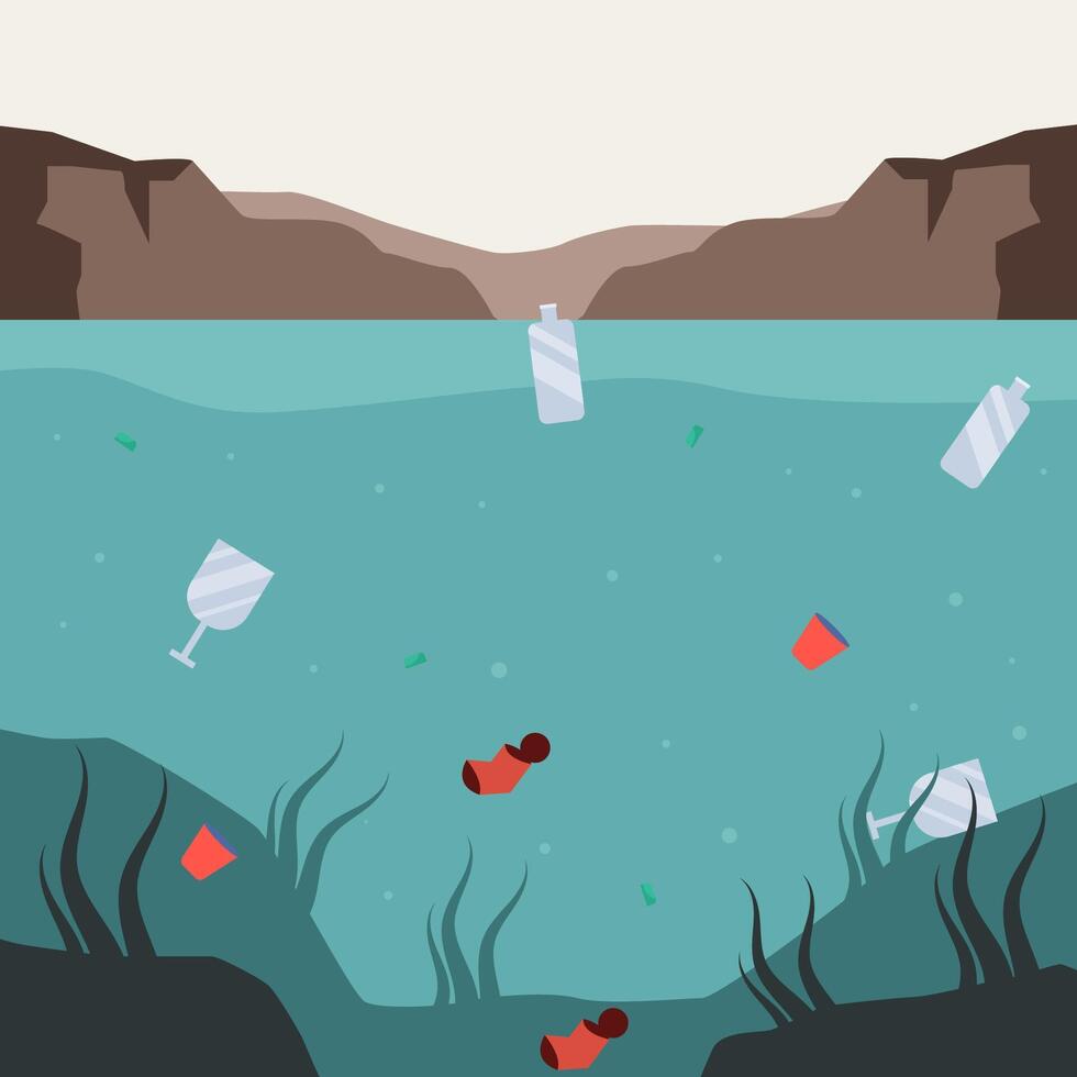water pollution illustration in flat design style with waste vector