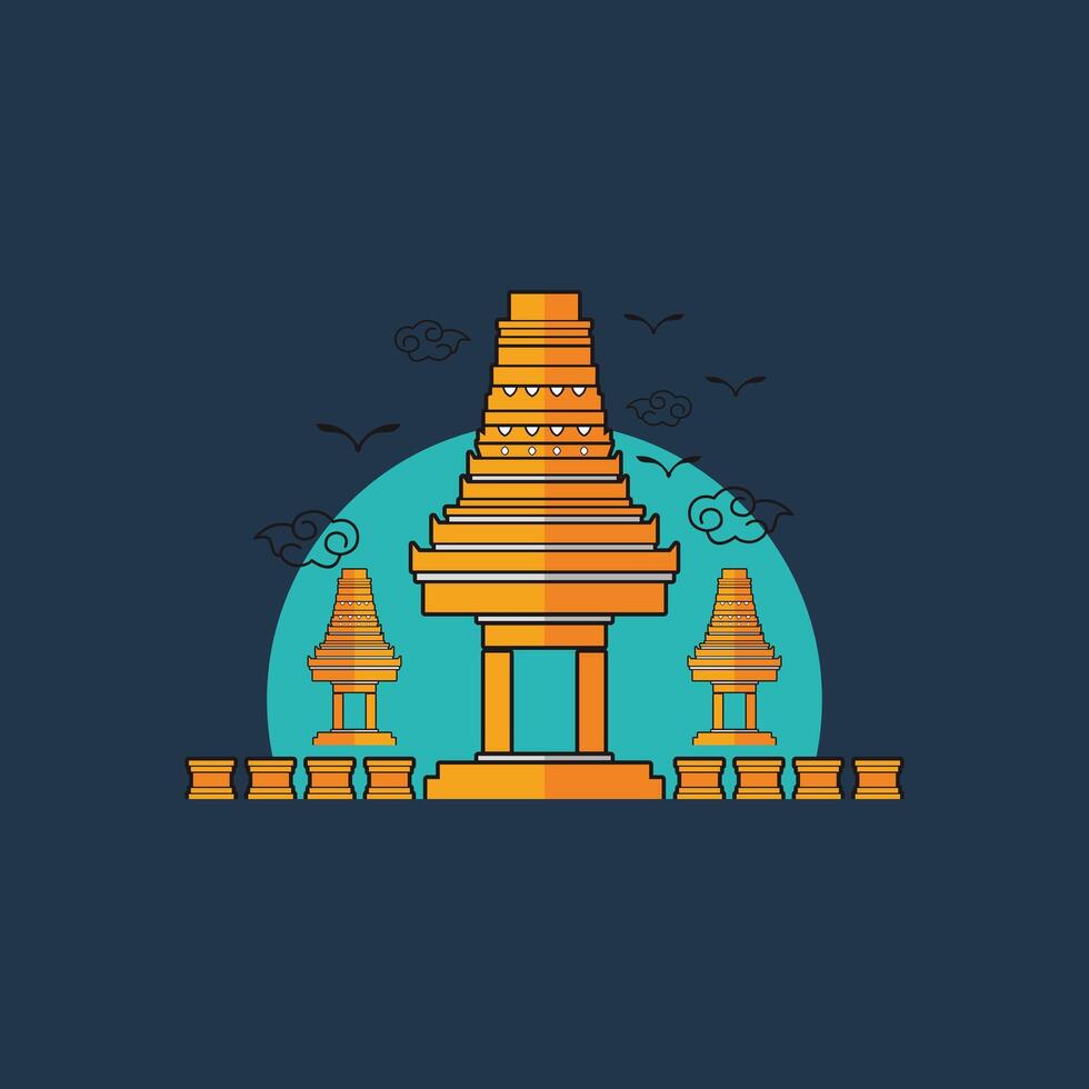 Image of Prambanan Temple in blue and yellow with a blue background vector