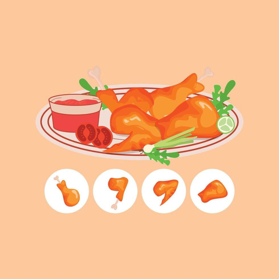 A plate with chicken, sauce and other ingredients vector