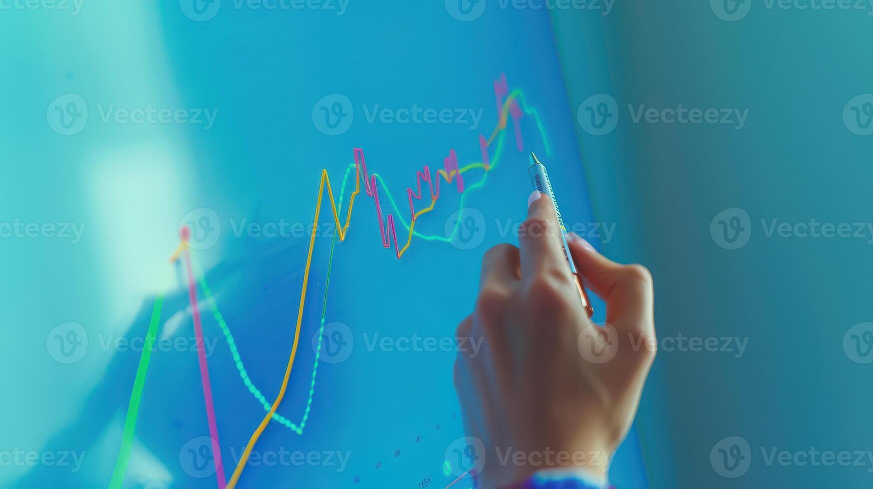 Businessman analyzing investment charts on a virtual screen. Stock market concept. photo