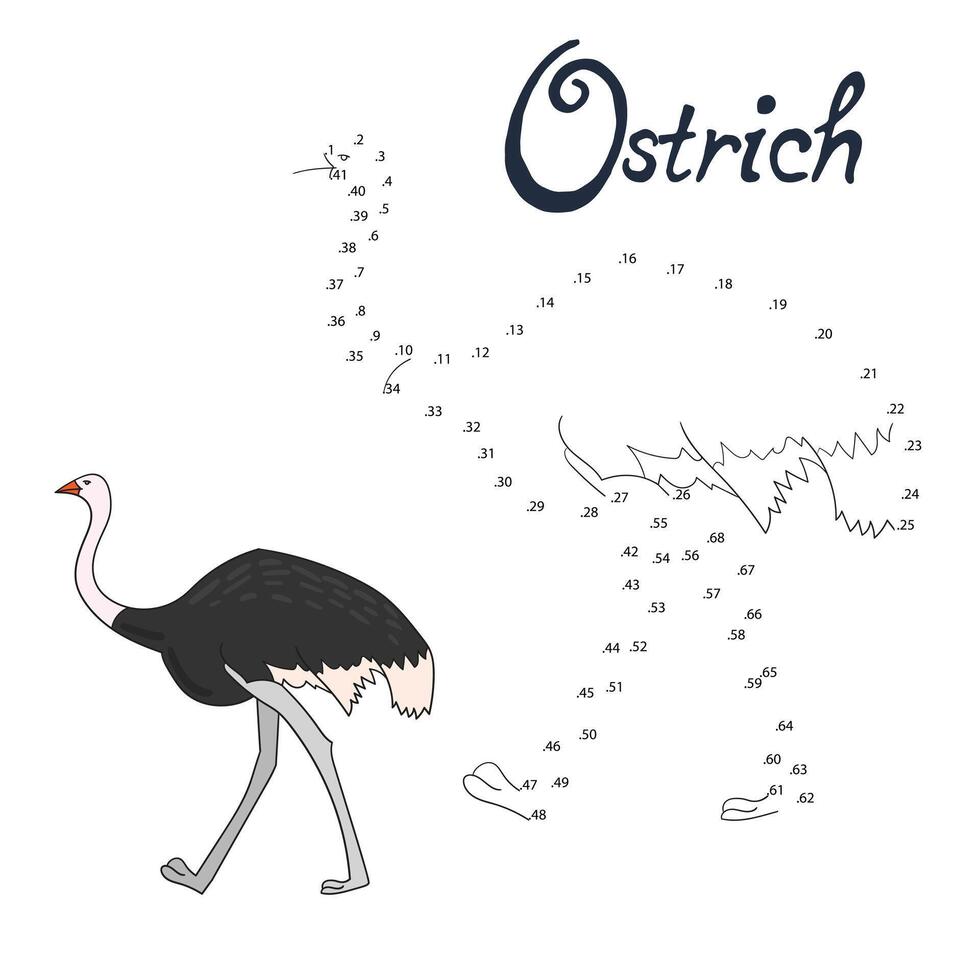 Educational game connect the dots to draw ostrich bird cartoon doodle hand drawn illustration vector