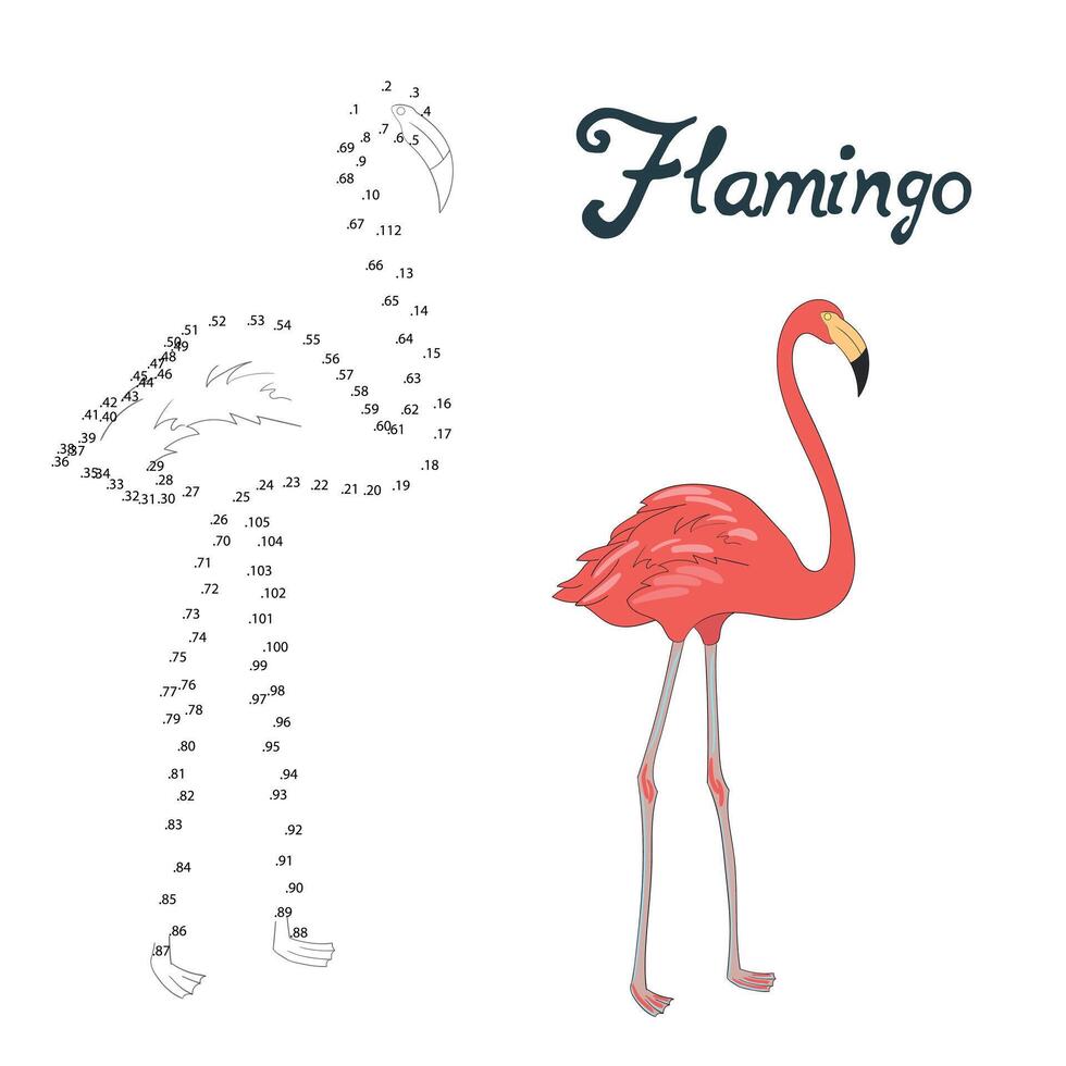 Educational game connect the dots to draw flamingo bird cartoon doodle hand drawn illustration vector