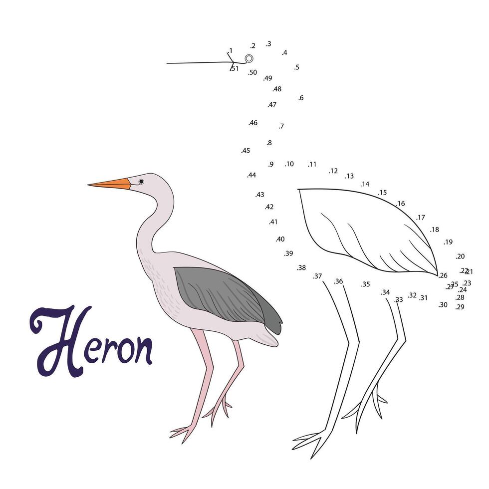 Educational game connect the dots to draw heron bird cartoon doodle hand drawn illustration vector