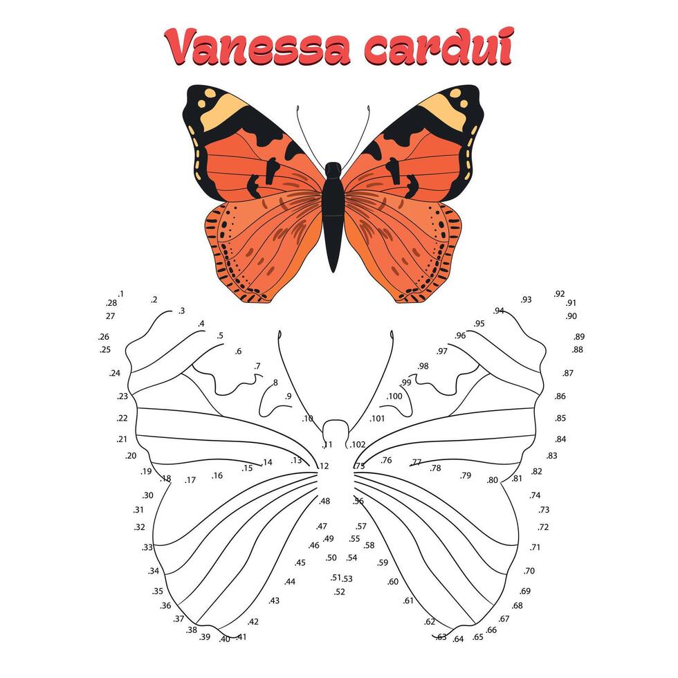 Educational game for children connect the dots to draw butterfly cartoon doodle hand drawn illustration vector