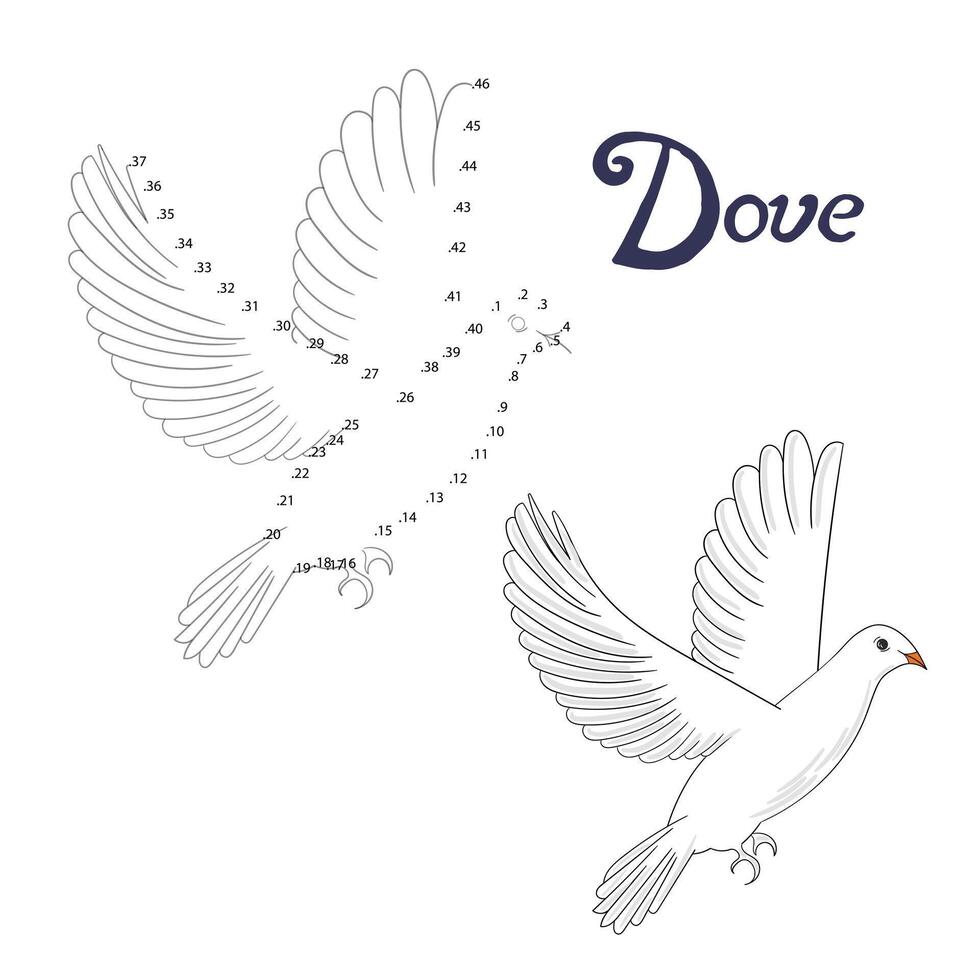 Educational game connect the dots to draw dove bird cartoon doodle hand drawn illustration vector