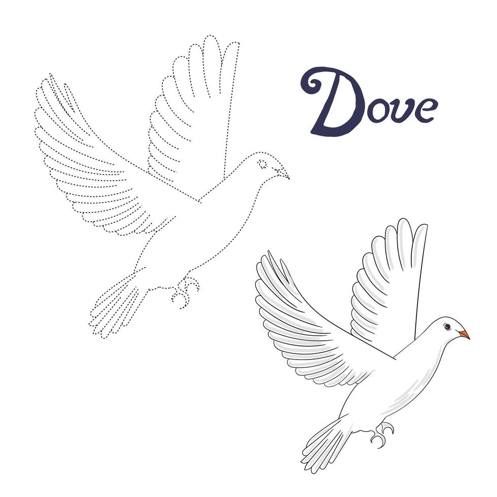 Educational game connect the dots to draw dove bird cartoon doodle hand drawn illustration vector