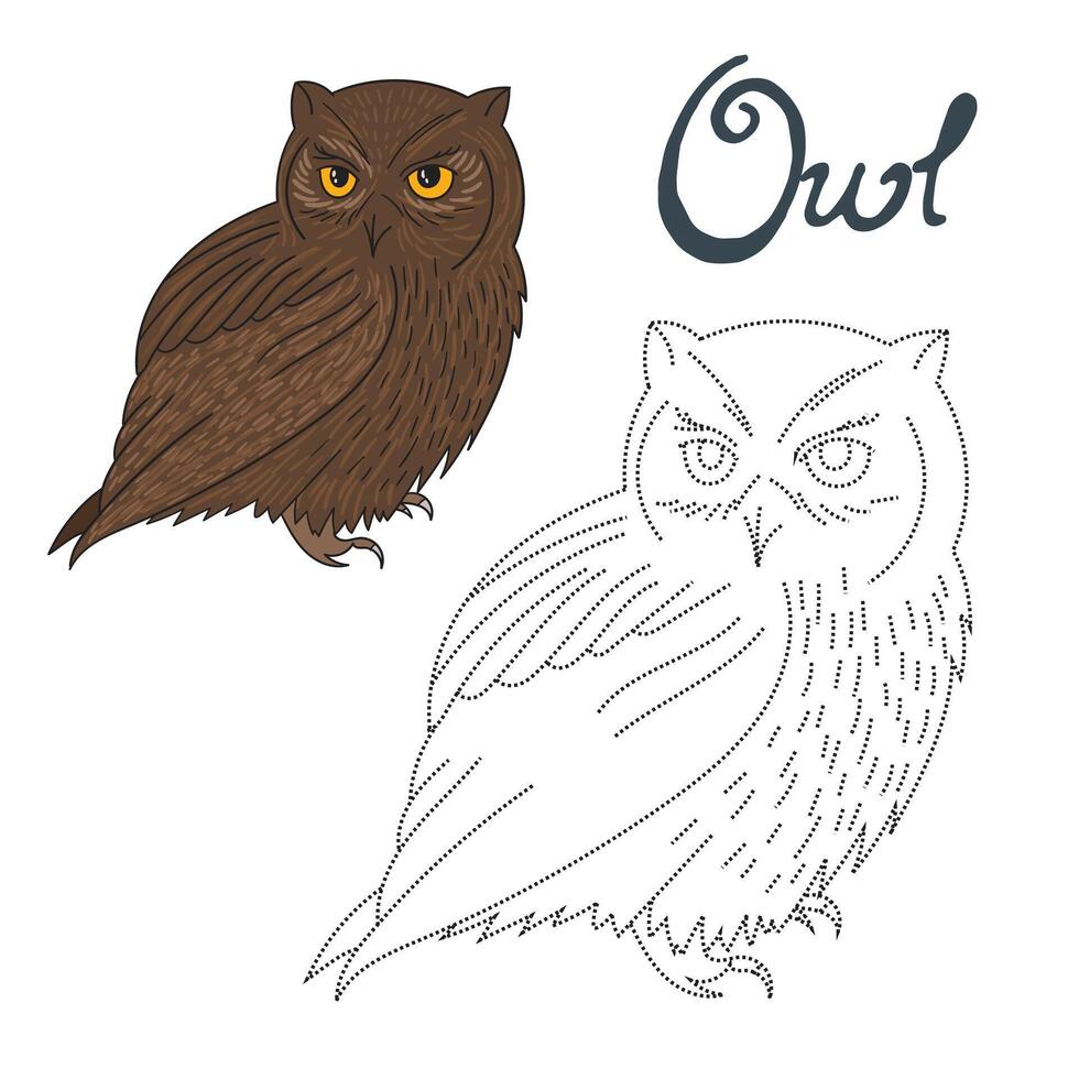 Educational game connect the dots to draw owl bird cartoon doodle hand drawn illustration vector