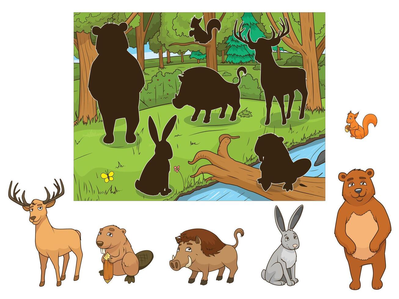 Forest cartoon animals with shadows educational game llustration vector