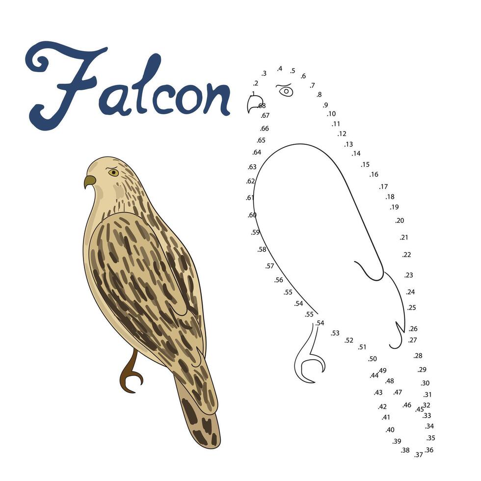 Educational game connect the dots to draw falcon bird cartoon doodle hand drawn illustration vector