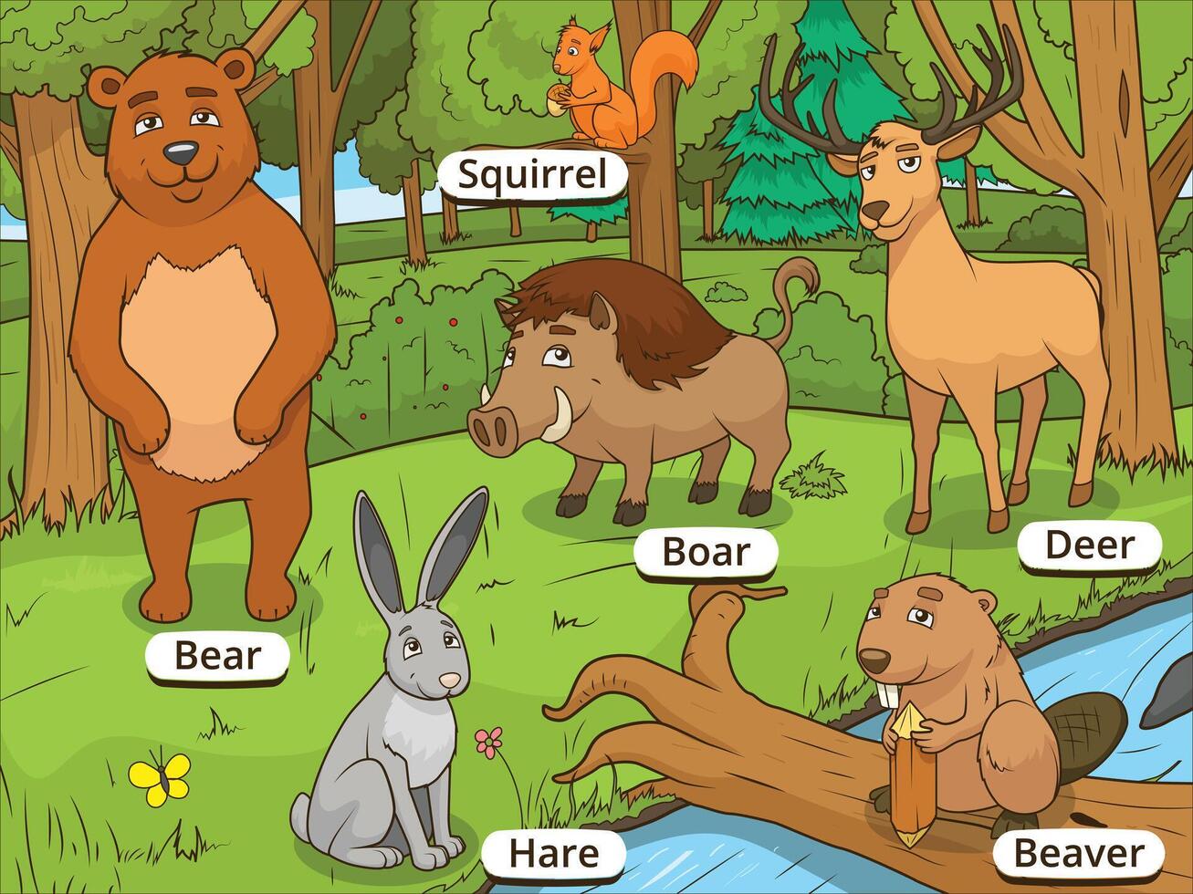 Forest cartoon animals with names educational game llustration vector