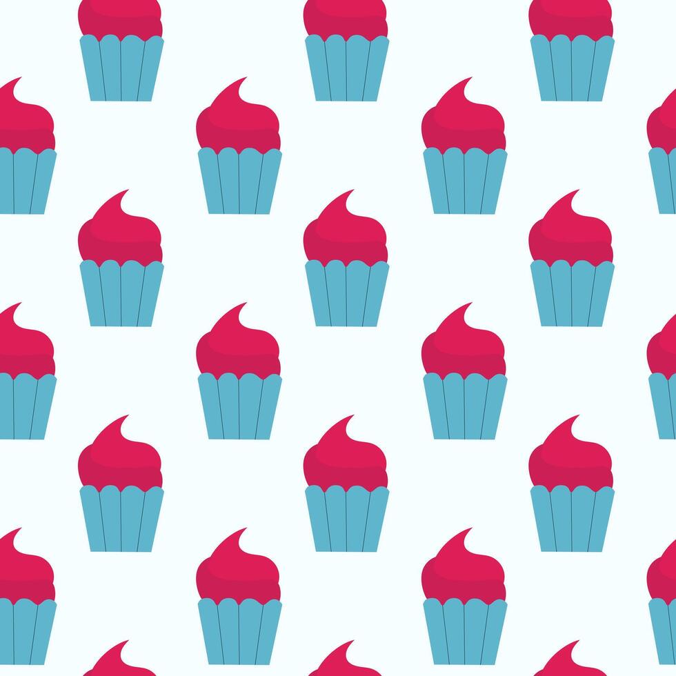 Seamless Pattern. Cupcake with pink whipped cream. Flat Illustration. vector