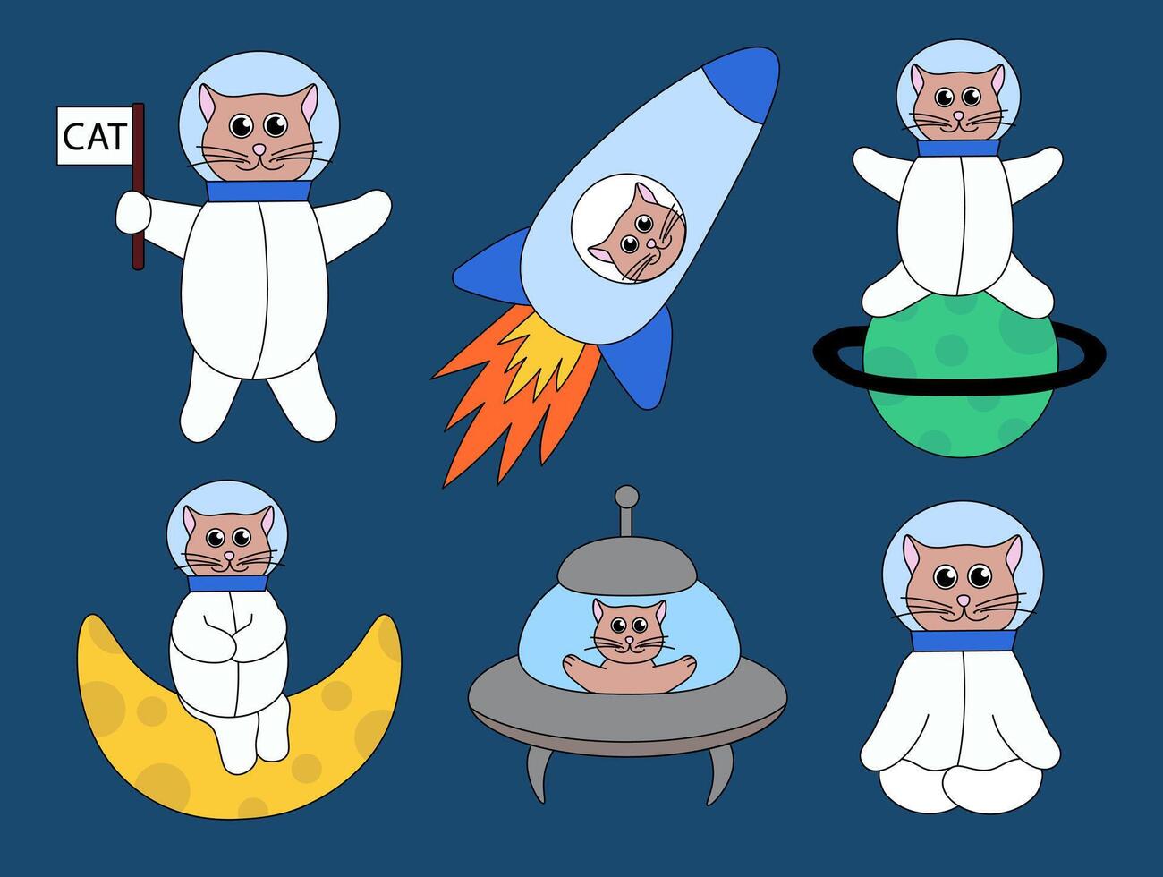 Set of Cute cats astronaut in space. Flat Illustration. vector