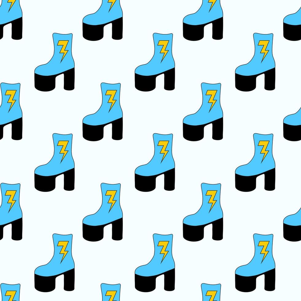 Seamless Pattern. Trendy 1980 retro blue disco boot with lightning design. Vintage shoe. flat illustration. vector