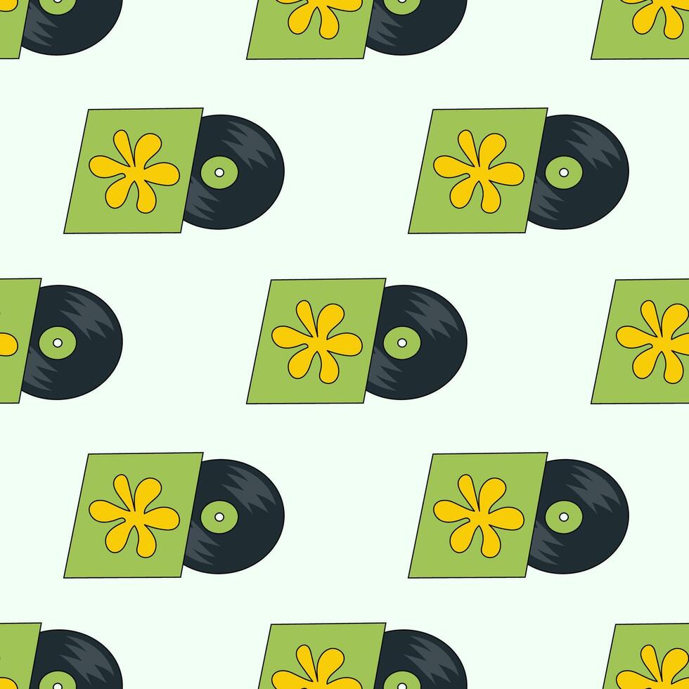 Seamless Pattern. Vinyl record with flower design cover. LP or long play music disc. DJ equipment for disco party background. Discotheque nostalgia concept. flat illustration. vector