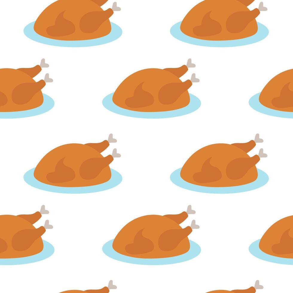 Seamless Pattern with Roasted chicken or turkey on plate. Food element. flat illustration. vector