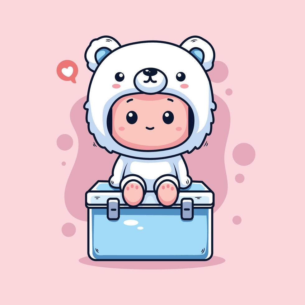 cute polar bear with suitcase kawaii character illustration design vector