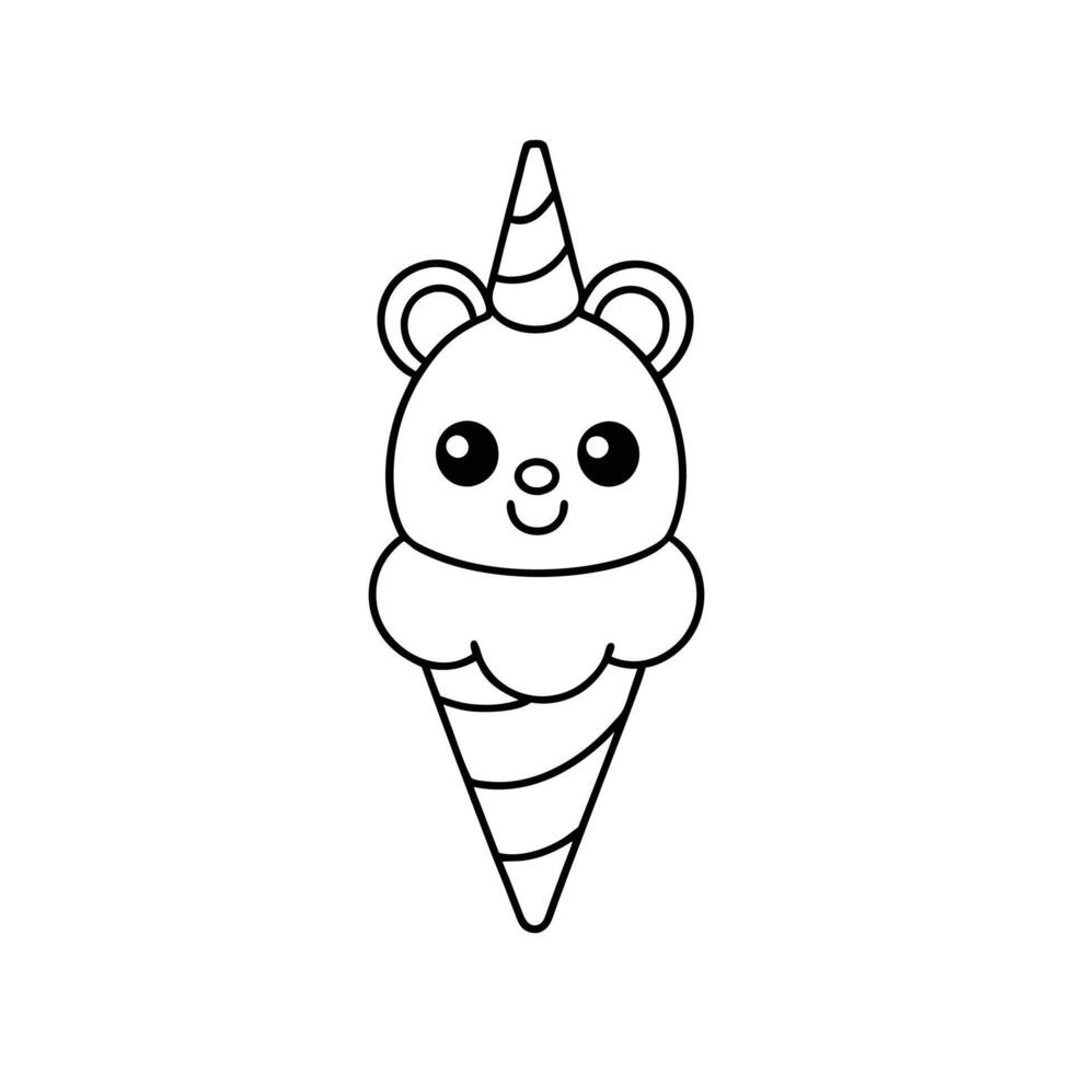 Cute Ice Cream with Unicorn Head - Whimsical Line Art Illustration vector