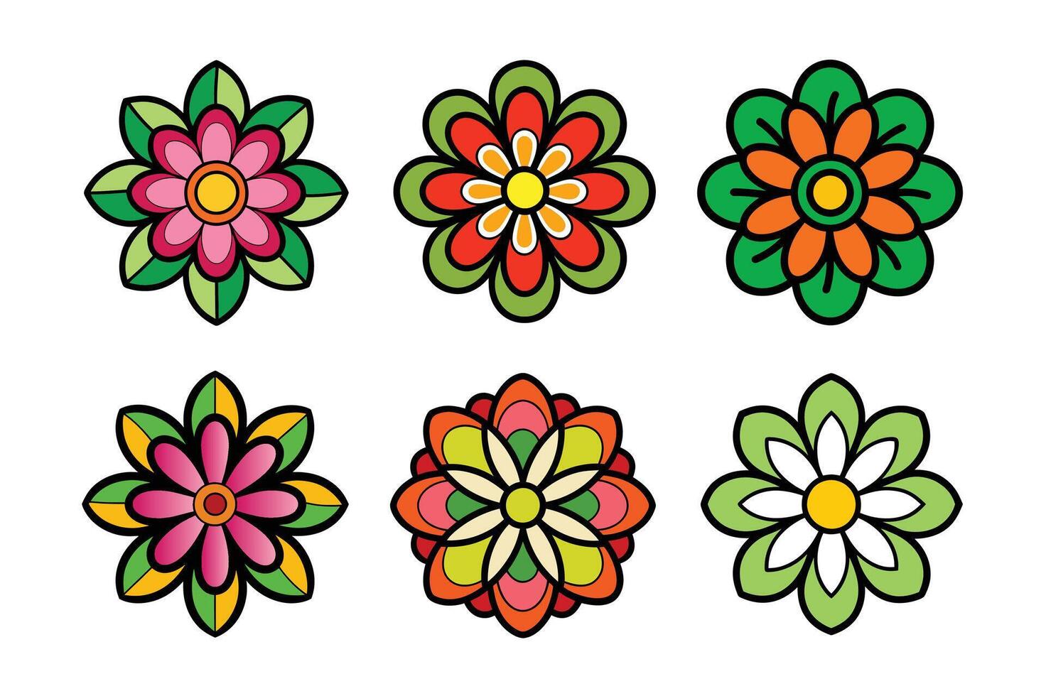 Groovy Retro Daisy Flowers Set - Hippy Style illustration Isolated on White Background vector