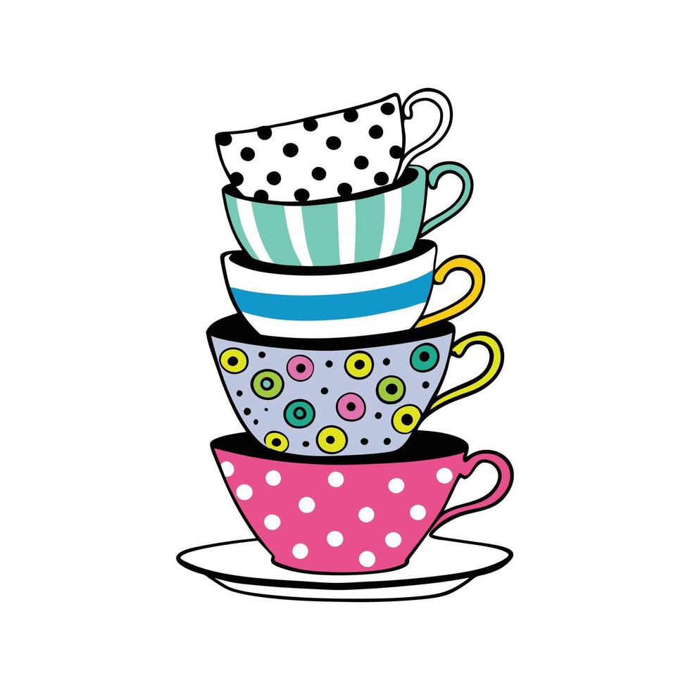 Charming Stacked Tea Cup Cartoon Illustration on White Background vector
