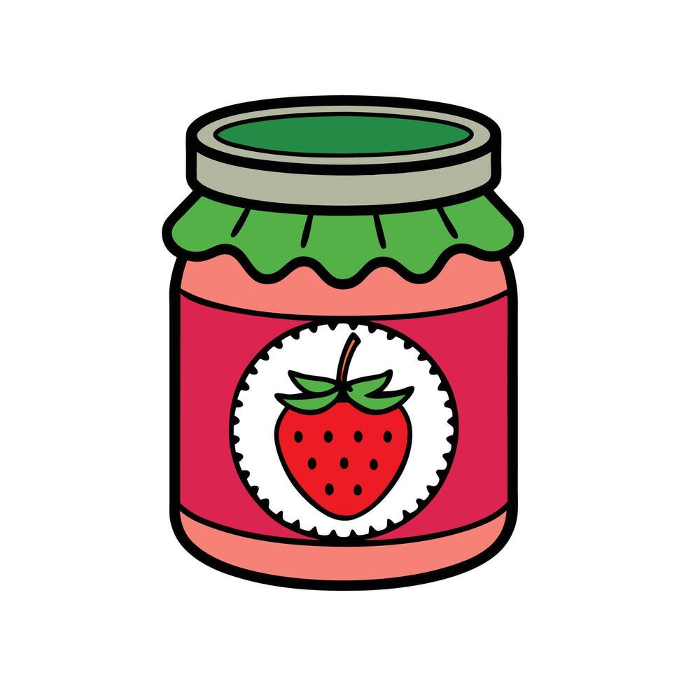 Cute Strawberry Jam Jar Design in Cartoon Style Isolated on White vector