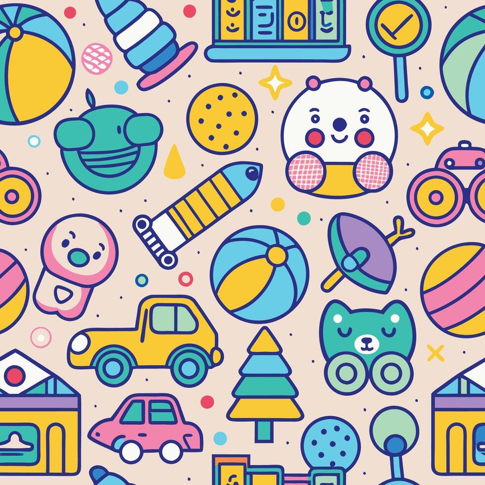 a colorful pattern with toys and other items vector