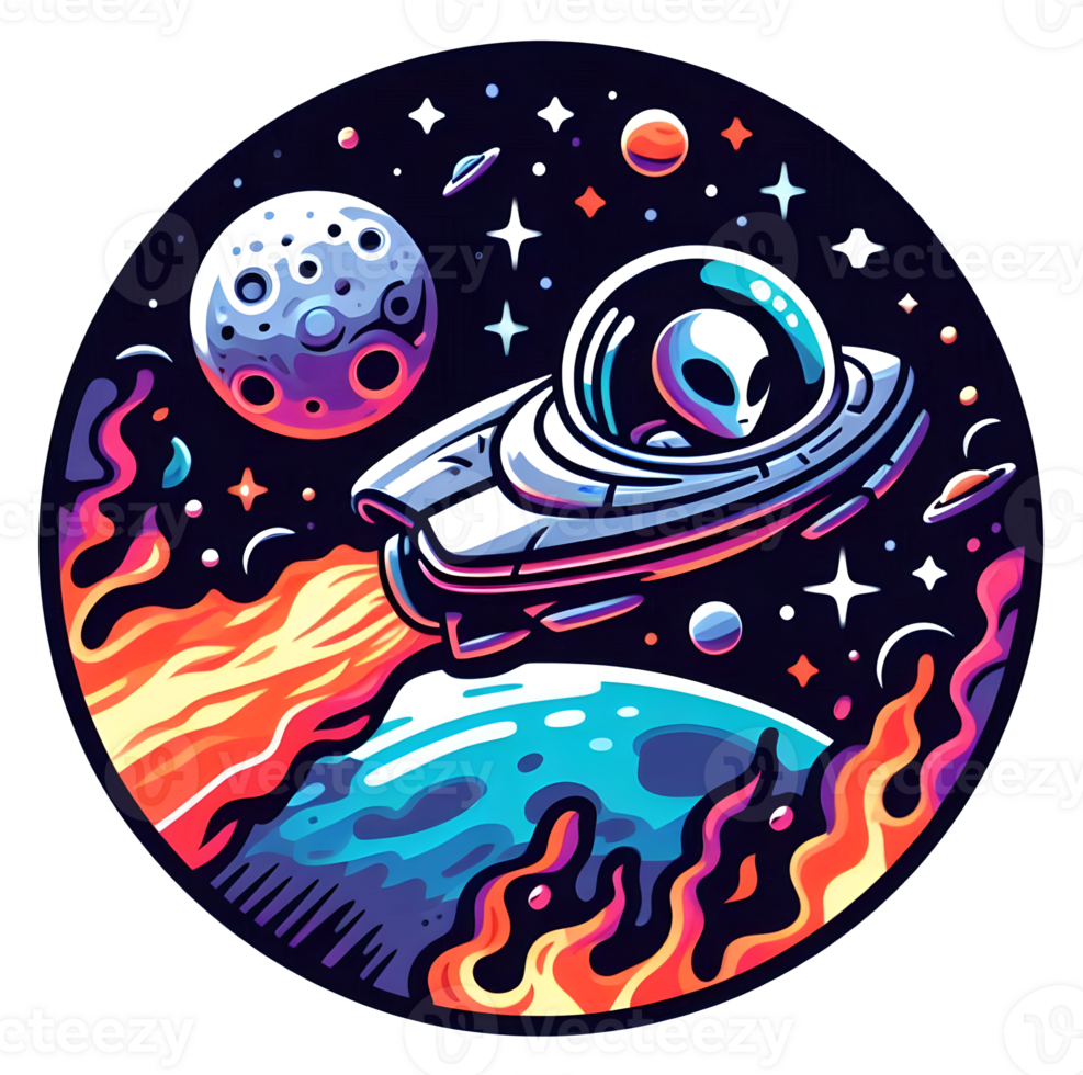 An alien spaceship flying through space with planets and stars png
