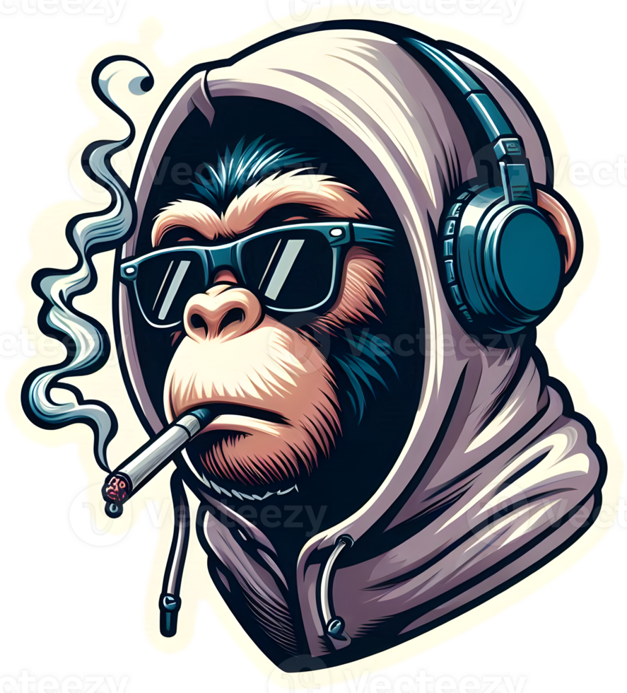 A sticker of a monkey wearing sunglasses and a hoodie png