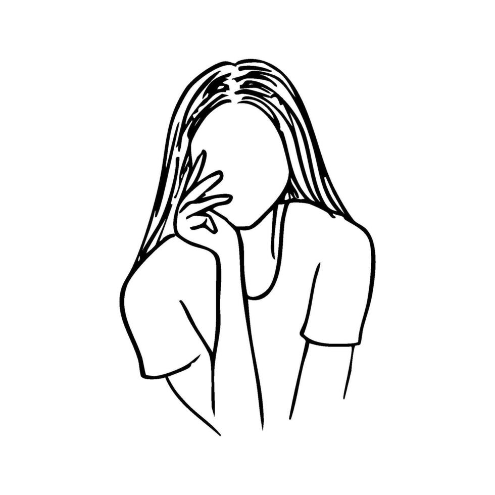 portrait of a faceless girl sitting frontally and propping her chin up with her hand - hand drawn doodle sketch vector