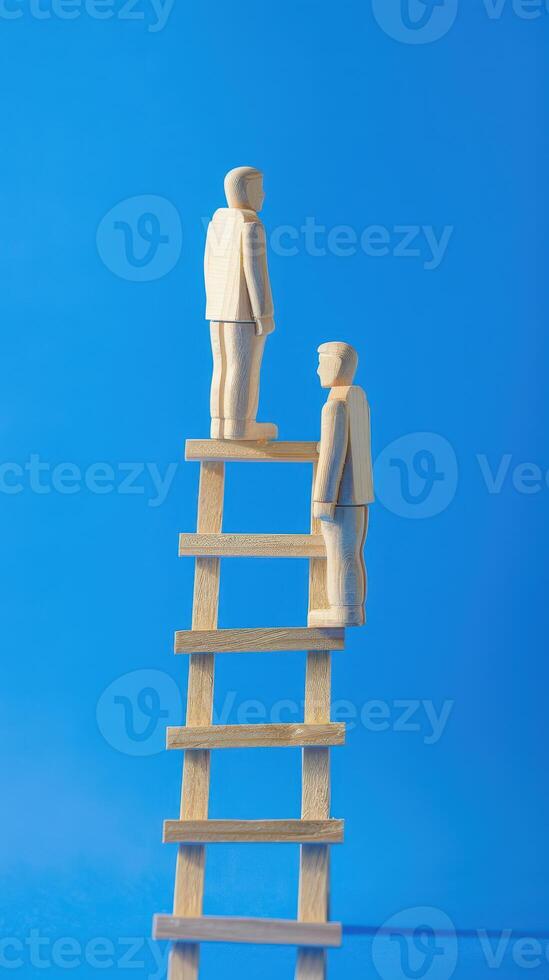 Businessman standing on ladder on blue background. Concept of career growth photo