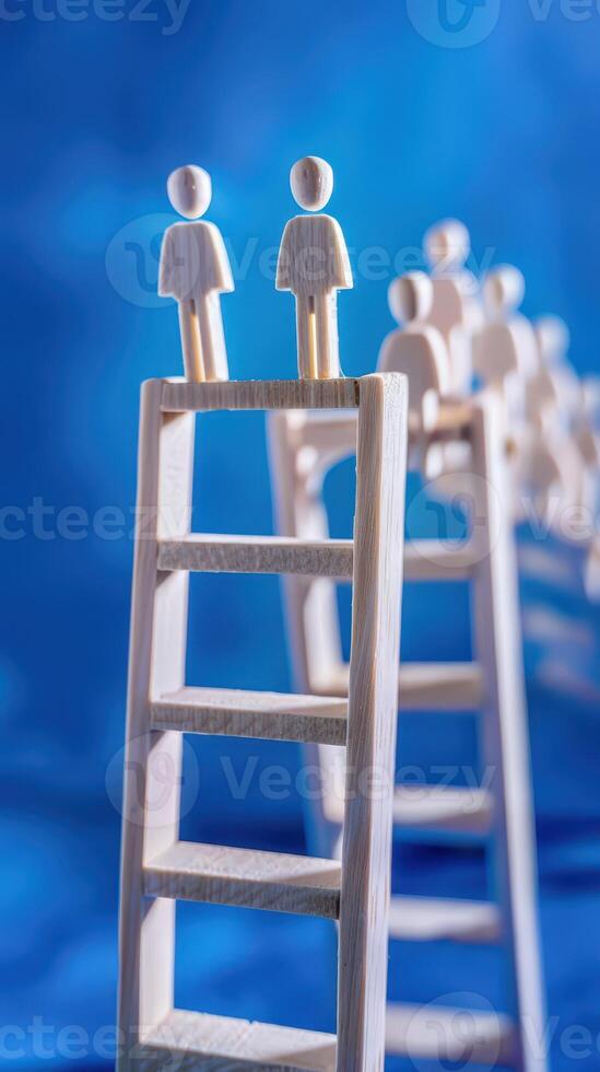 Businessman standing on ladder on blue background. Concept of career growth photo