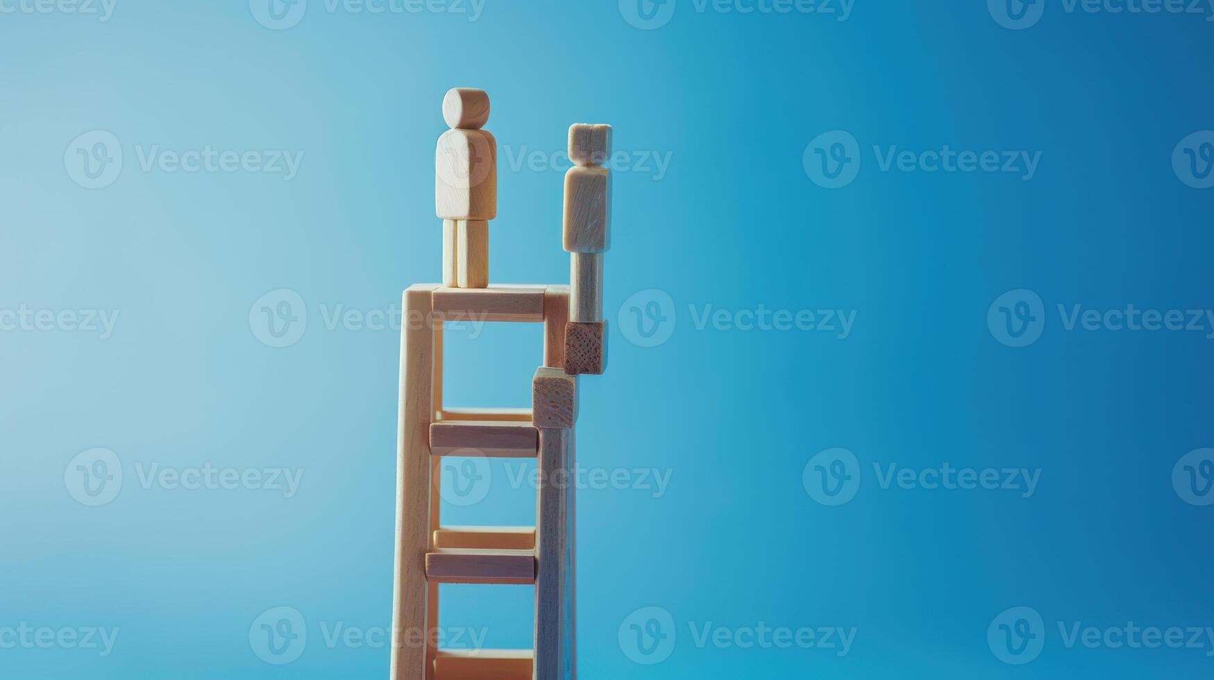 Businessman standing on ladder on blue background. Concept of career growth photo