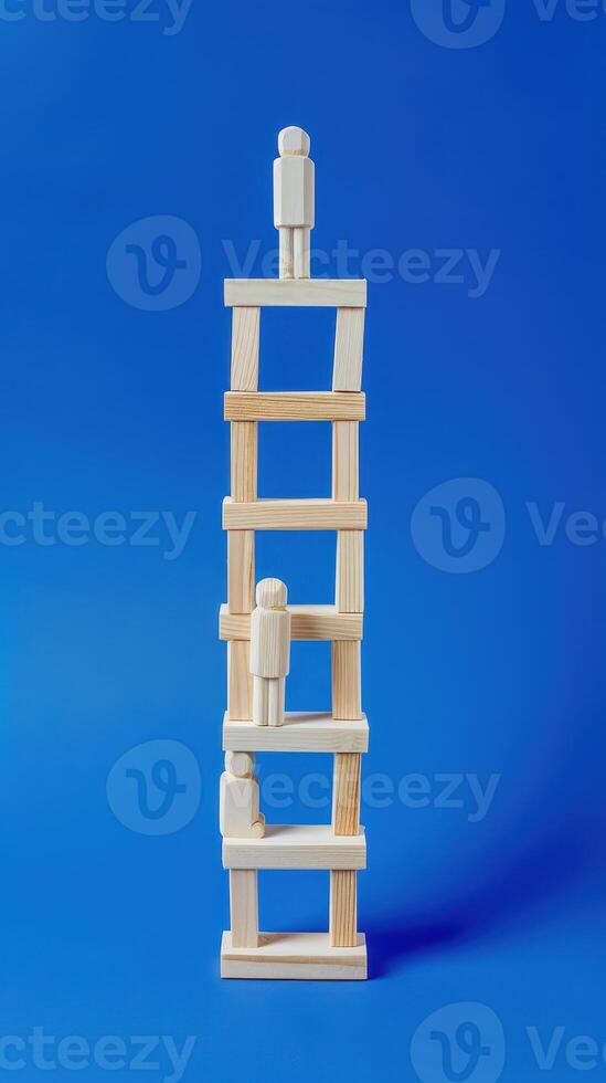 Businessman standing on ladder on blue background. Concept of career growth photo