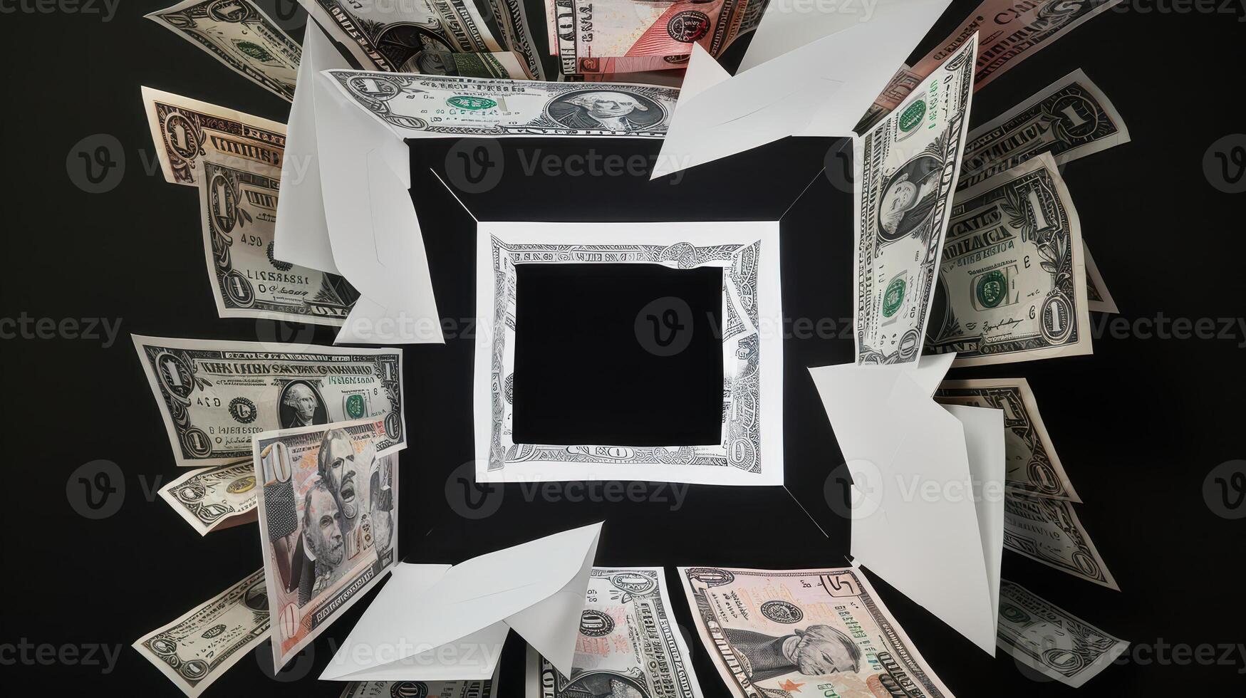 Business and finance concept. Paper arrows and money on black background. photo