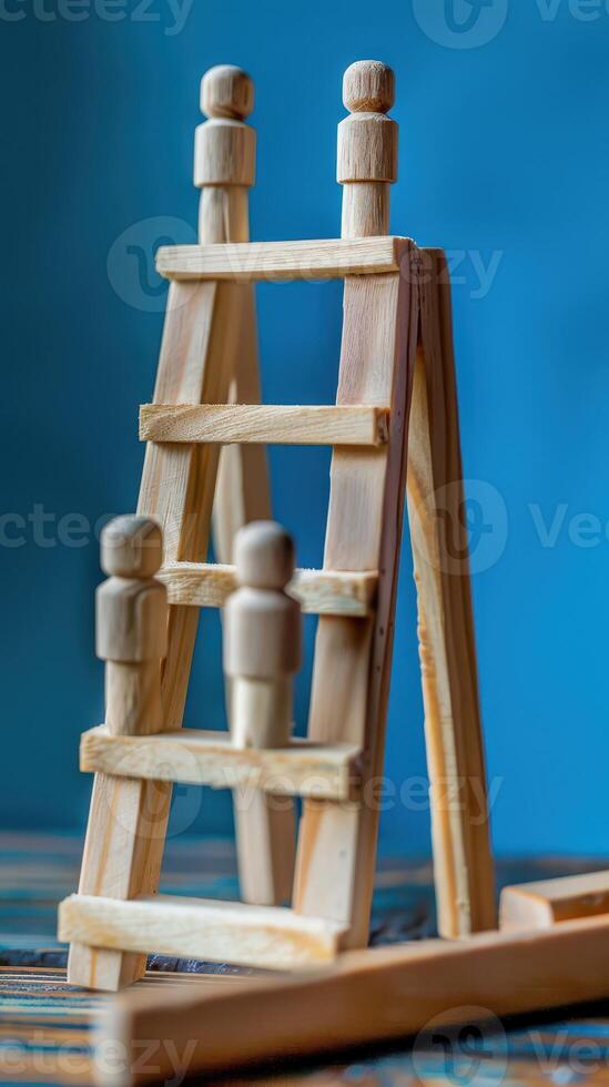 Businessman standing on ladder on blue background. Concept of career growth photo