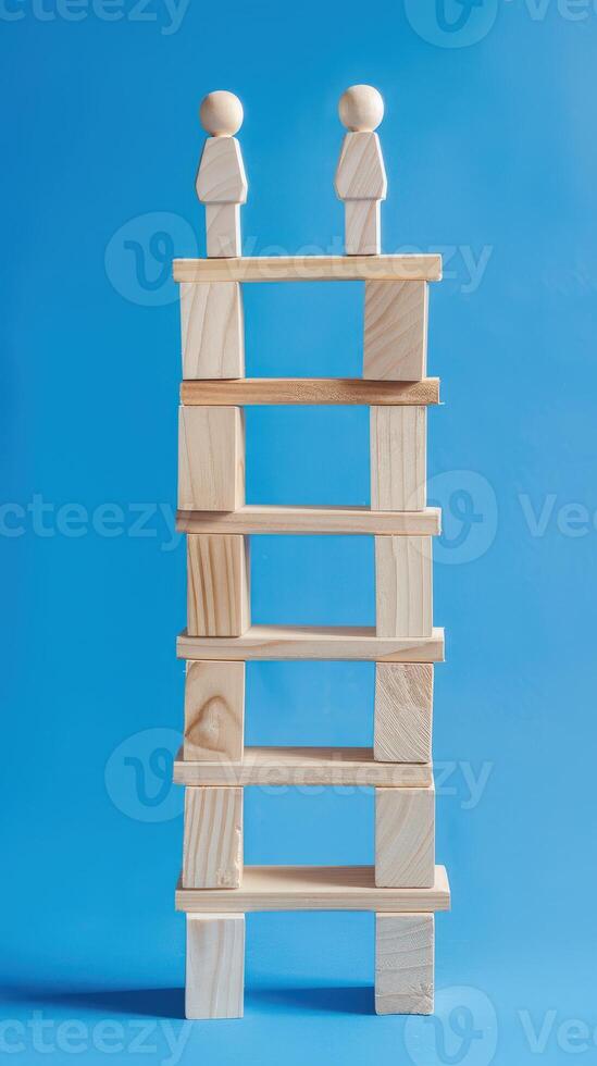 Businessman standing on ladder on blue background. Concept of career growth photo