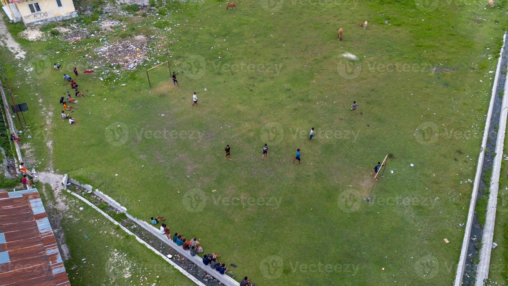 Aerial view of people playing soccer on green grass field in public park photo