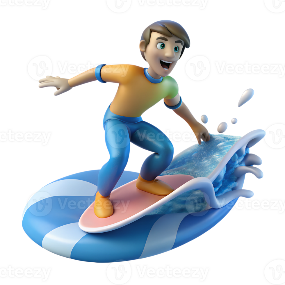 A cartoon figure of a man riding a surfboard png