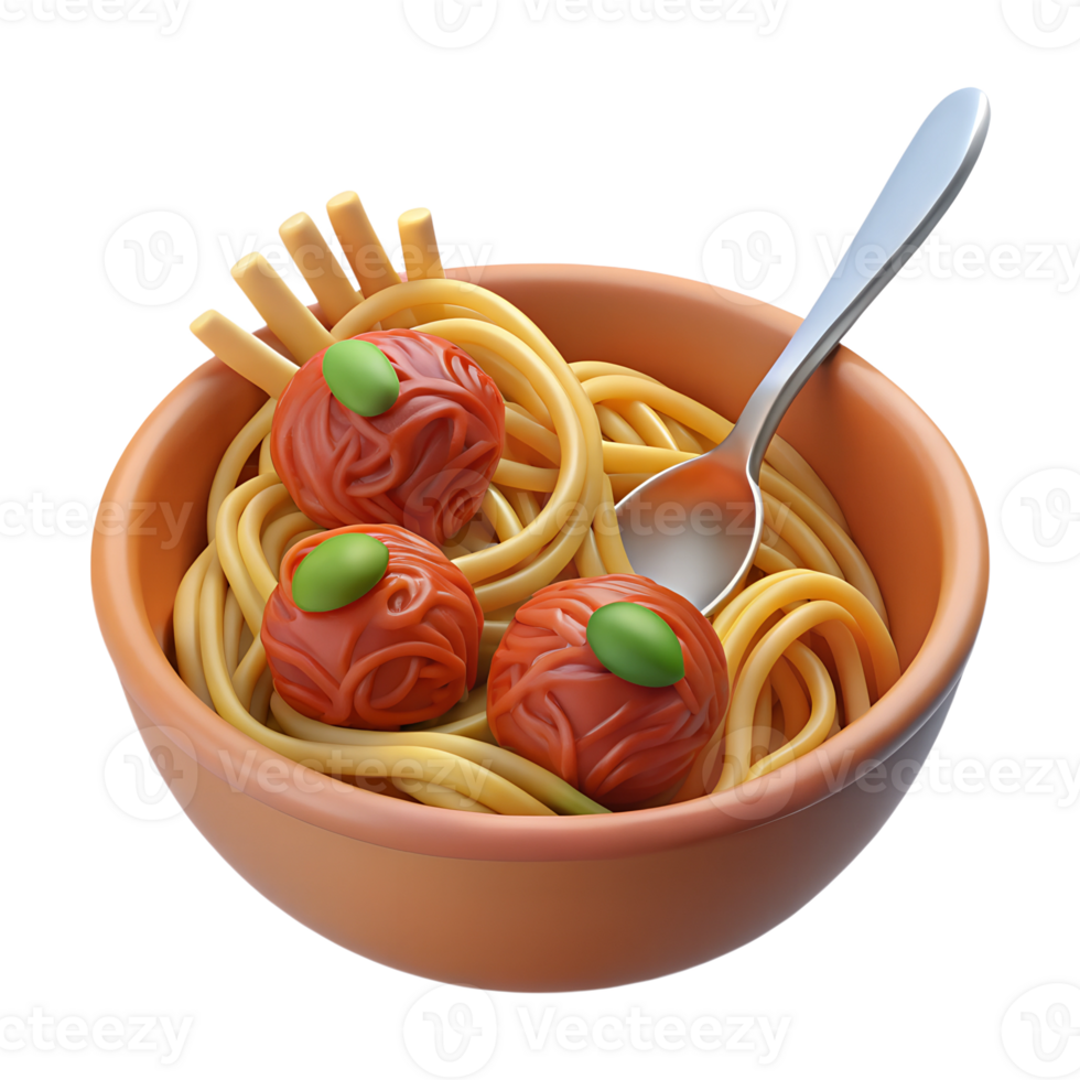 A bowl of spaghetti with meatballs and a spoon png