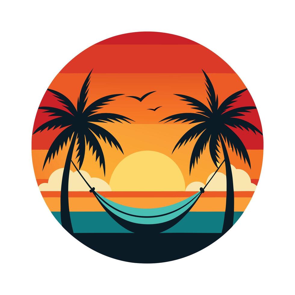 Retro Ocean Wave Art - Beach Surf Silhouette with Surfboard and Sunset for Coastal Decor vector