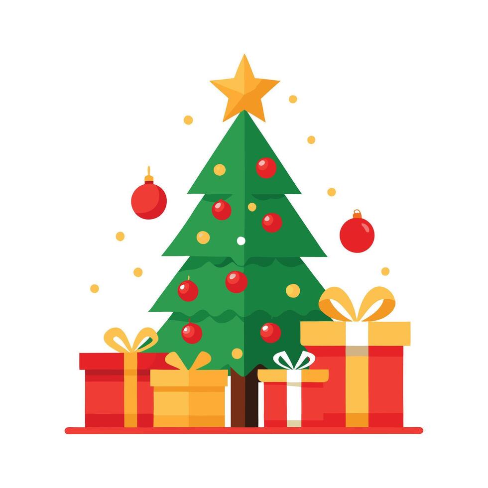 Festive Christmas Tree with Gifts - Vibrant Holiday Art with Ornaments and Star vector