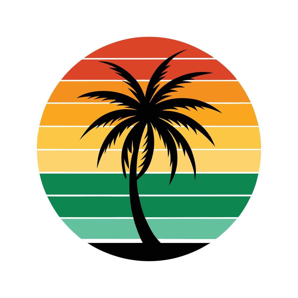 Retro Tropical Island Silhouette - Vintage Palm Trees and Sun Ocean Design for Paradise Art vector