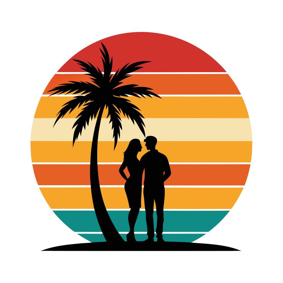 Romantic Beach Couple Silhouette - Vintage Retro Design with Ocean Sunset for Love Art vector