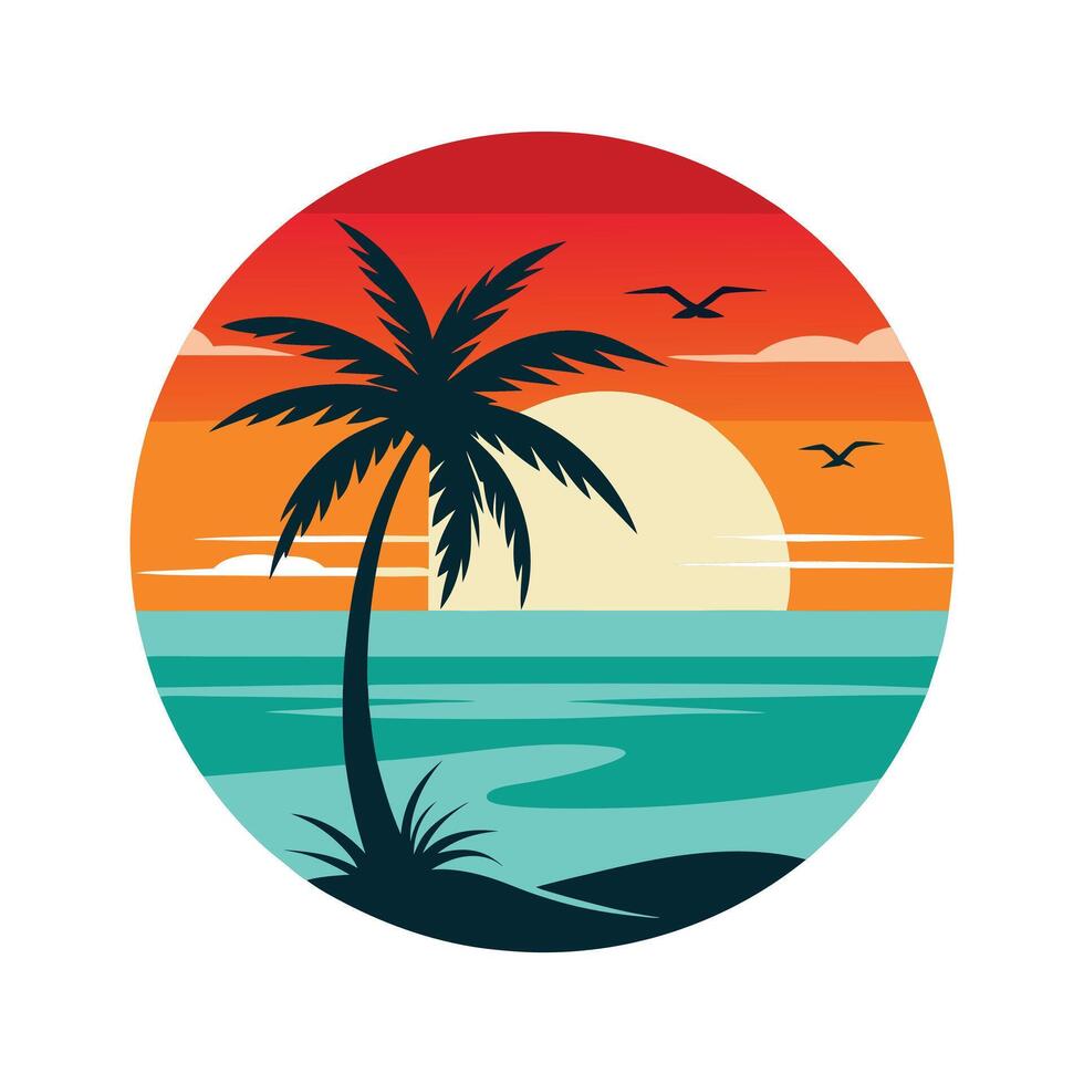 Retro Coastal Art - Beach Surf Silhouette with Ocean Wave and Surfboard Sunset Design vector