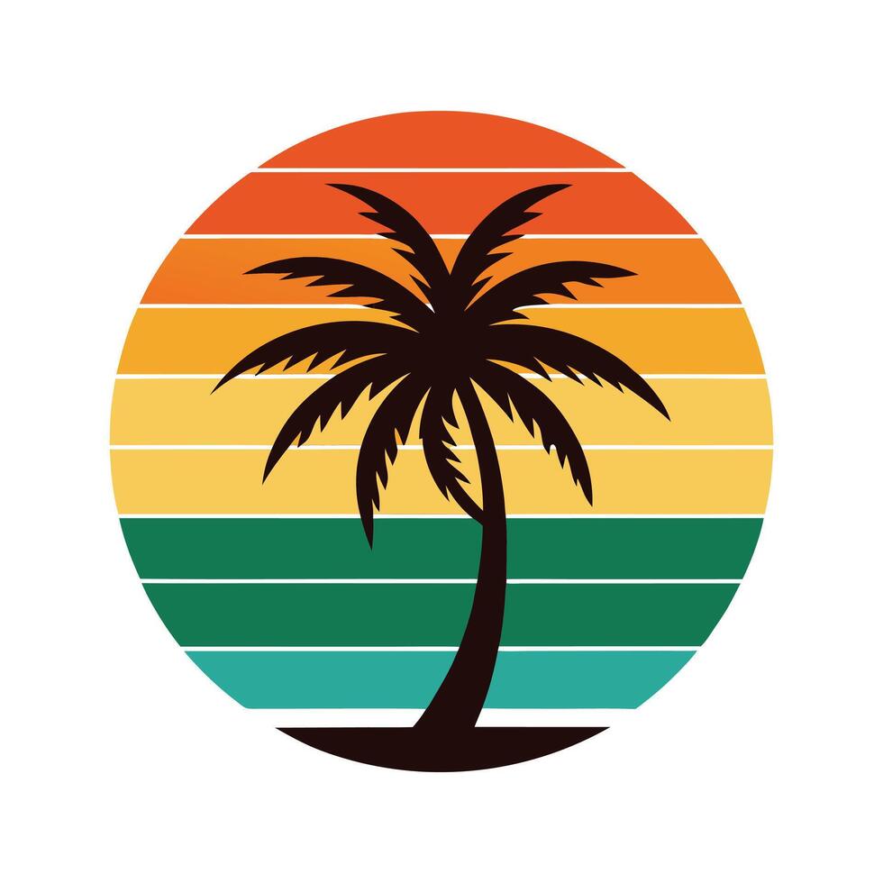 Tropical Island Silhouette - Vintage Design with Palm Trees and Ocean for Retro Paradise Art vector