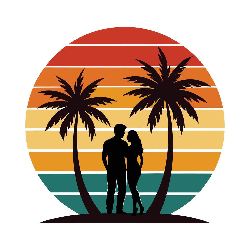 Vintage Beach Couple Silhouette - Romantic Retro Design with Sunset Ocean, Minimalist Love Art vector