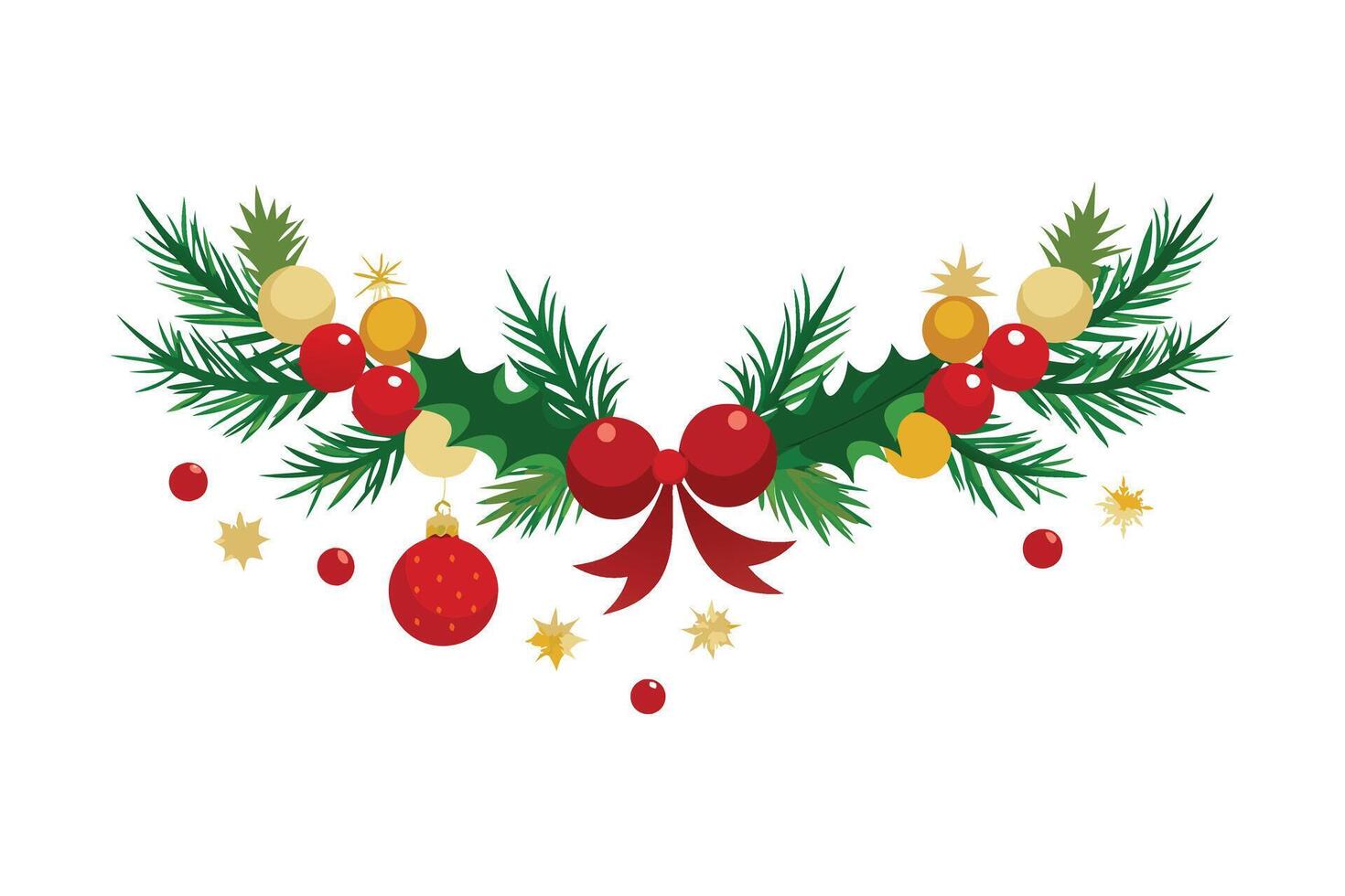 Festive Christmas Garland - Pine and Spruce with Red, Gold Baubles, Berries, and Pinecones vector