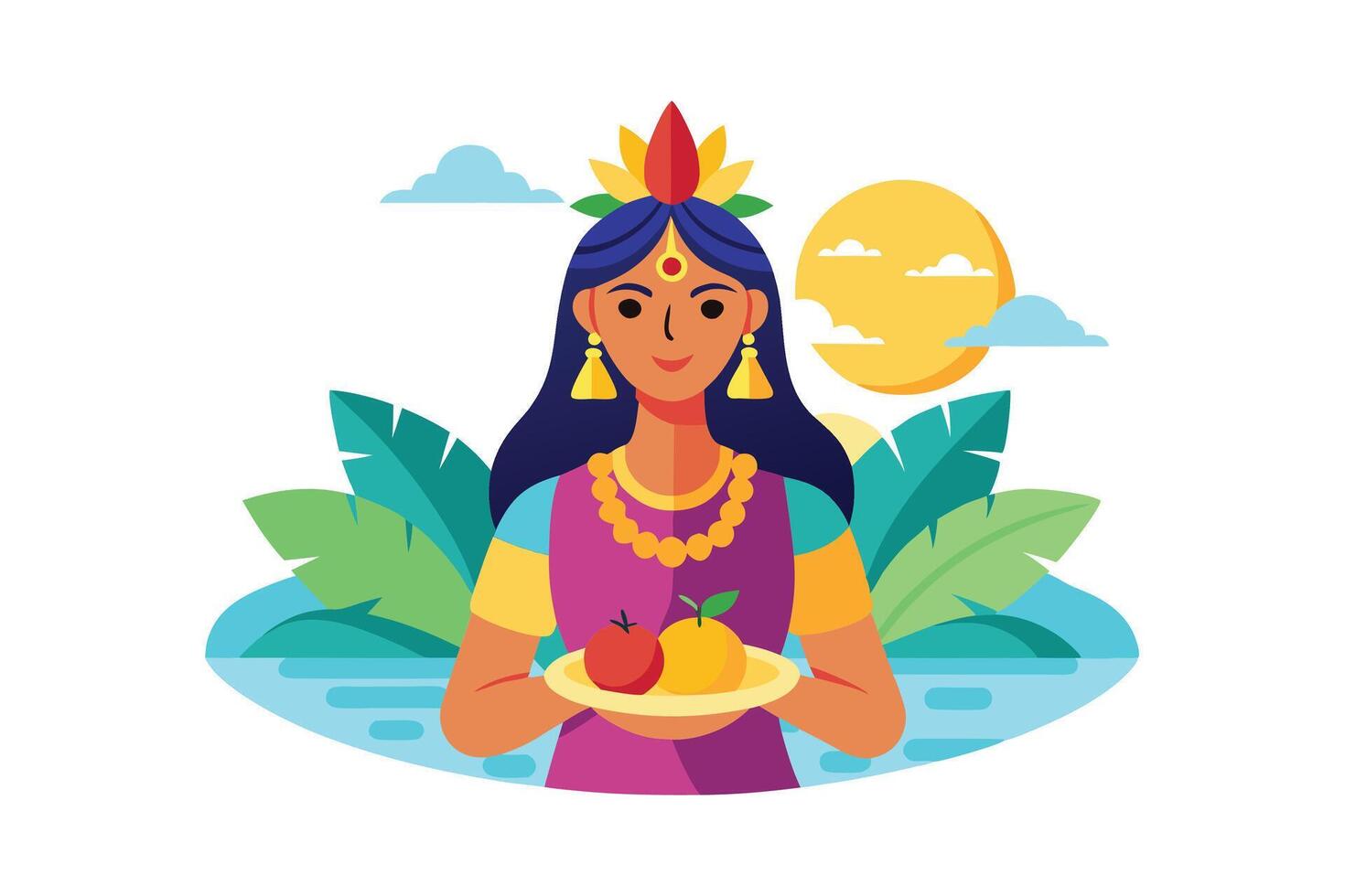 Chhath Puja Design - Indian Festival with Sun Worship, Offerings, and Vibrant Cultural Art vector